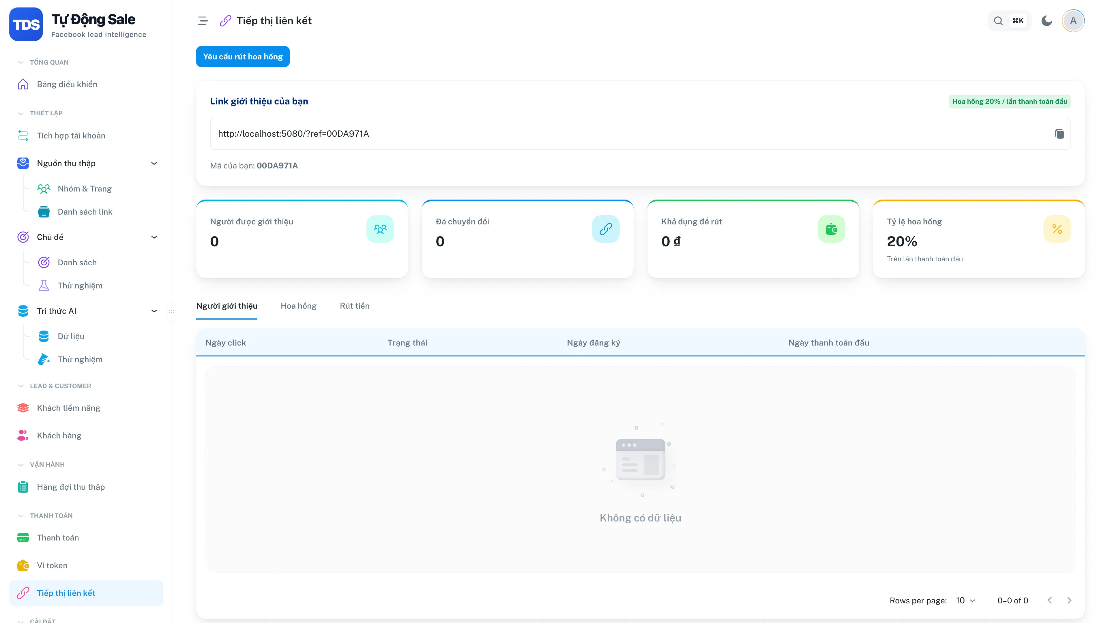 Trang affiliate — link giới thiệu, hoa hồng và trạng thái rút tiền