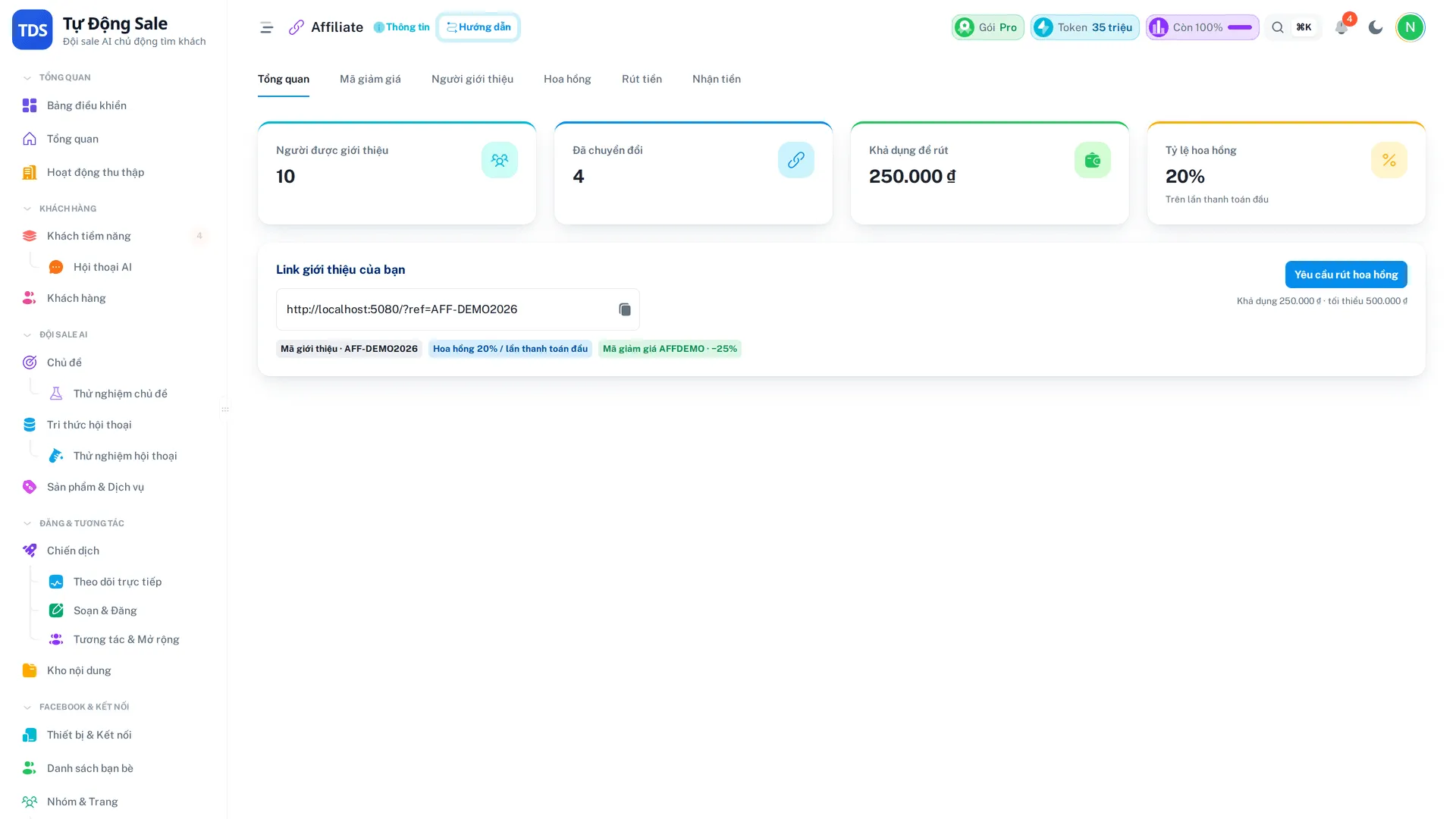 Trang affiliate — link giới thiệu, hoa hồng và trạng thái rút tiền