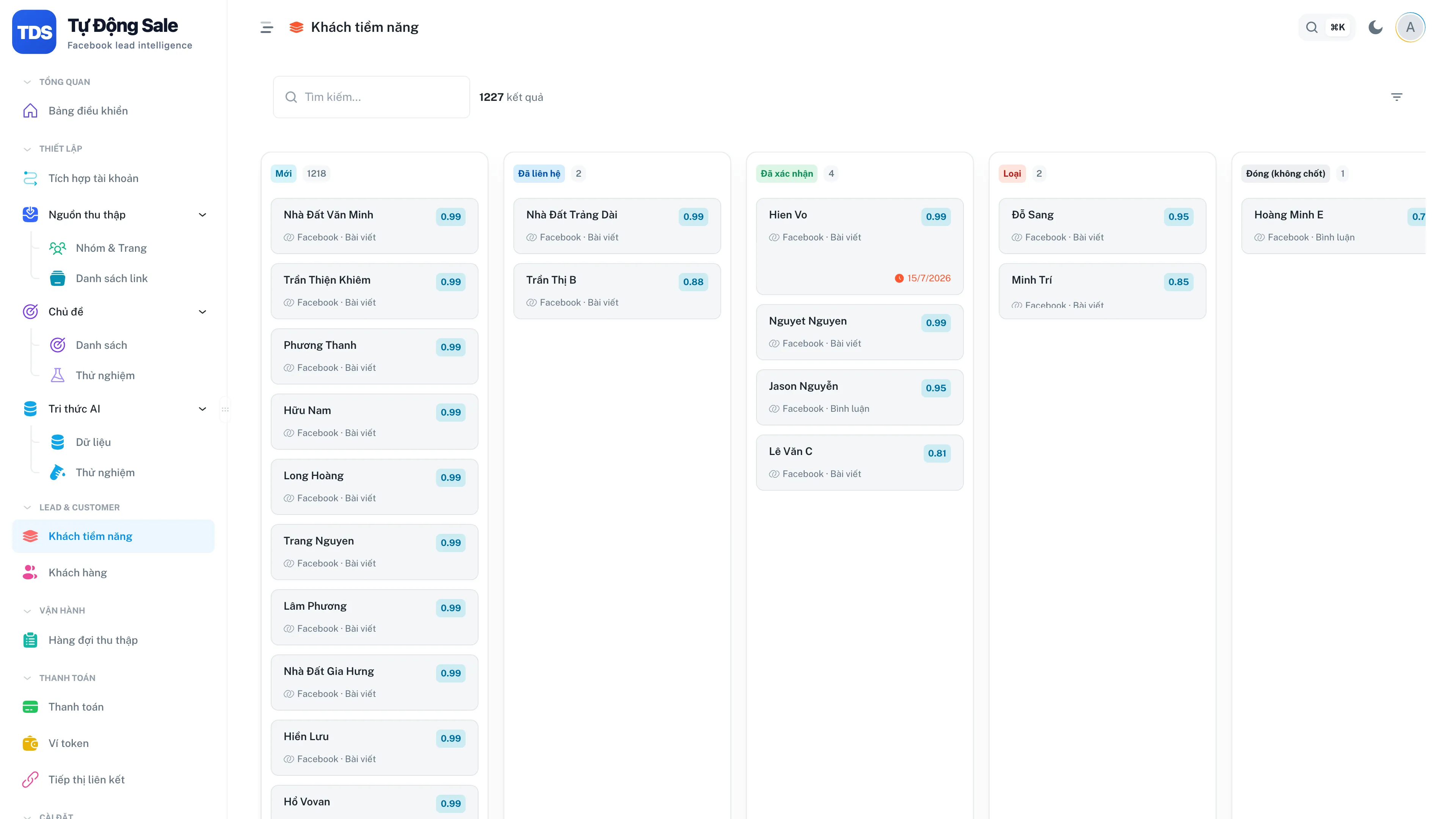 Bảng CRM Kanban với 6 trạng thái khách