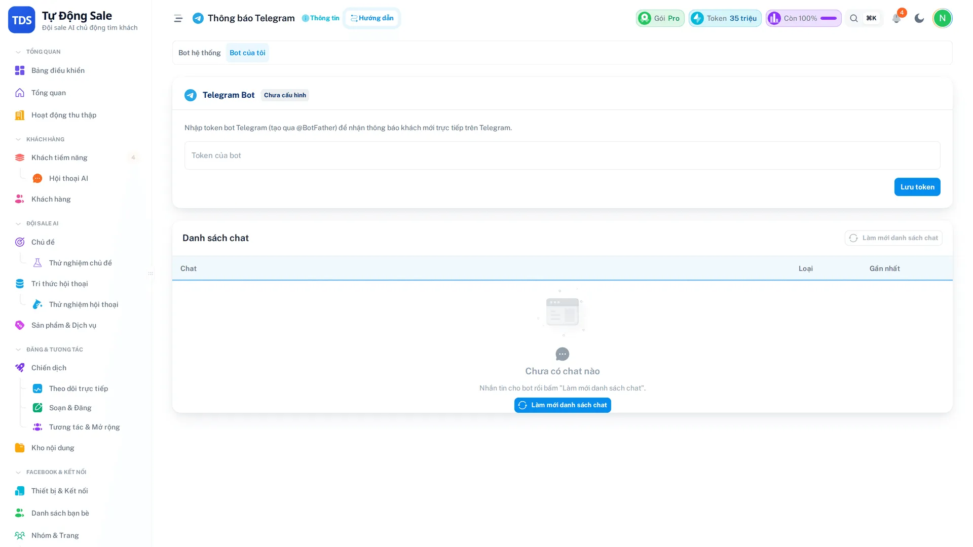 Màn hình cài đặt Telegram, nơi bạn chọn cuộc trò chuyện nhận báo khách mới
